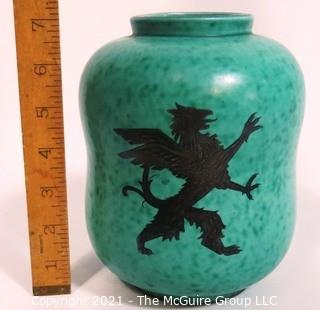 Gustavsberg Argenta Stoneware Pottery Vase Designed by Wilhelm Kage with Silver Lion on Jade Green Base. Measures approximately 7" tall