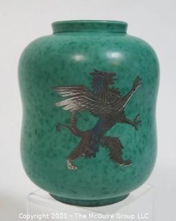 Gustavsberg Argenta Stoneware Pottery Vase Designed by Wilhelm Kage with Silver Lion on Jade Green Base. Measures approximately 7" tall