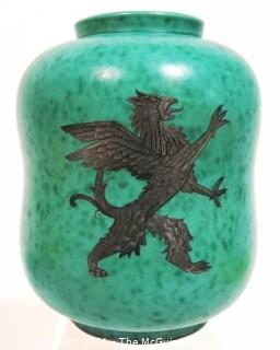 Gustavsberg Argenta Stoneware Pottery Vase Designed by Wilhelm Kage with Silver Lion on Jade Green Base. Measures approximately 7" tall