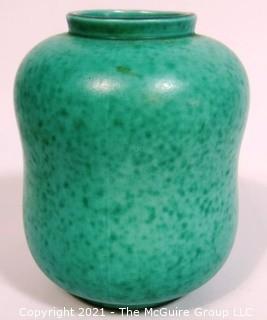 Gustavsberg Argenta Stoneware Pottery Vase Designed by Wilhelm Kage with Silver Lion on Jade Green Base. Measures approximately 7" tall