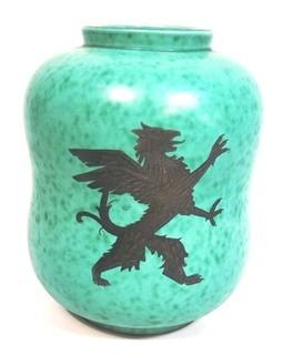 Gustavsberg Argenta Stoneware Pottery Vase Designed by Wilhelm Kage with Silver Lion on Jade Green Base. Measures approximately 7" tall