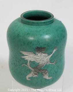 Gustavsberg Argenta Stoneware Pottery Vase Designed by Wilhelm Kage with Silver Lion on Jade Green Base. Measures approximately 7" tall