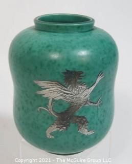 Gustavsberg Argenta Stoneware Pottery Vase Designed by Wilhelm Kage with Silver Lion on Jade Green Base. Measures approximately 7" tall