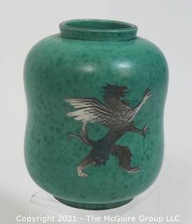 Gustavsberg Argenta Stoneware Pottery Vase Designed by Wilhelm Kage with Silver Lion on Jade Green Base. Measures approximately 7" tall