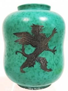 Gustavsberg Argenta Stoneware Pottery Vase Designed by Wilhelm Kage with Silver Lion on Jade Green Base. Measures approximately 7" tall