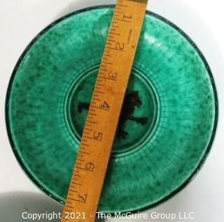 (2) Gustavsberg Argenta Stoneware Pottery Trays or Plates Designed by Wilhelm Kage with Silver Lion and Fish on Jade Green Base. Measures approximately 7" in diameter.