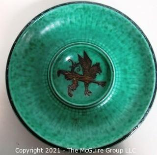 (2) Gustavsberg Argenta Stoneware Pottery Trays or Plates Designed by Wilhelm Kage with Silver Lion and Fish on Jade Green Base. Measures approximately 7" in diameter.