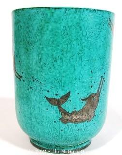 Gustavsberg Argenta Stoneware Pottery Vase Designed by Wilhelm Kage with Silver Fish on Jade Green Base. Measures approximately 8" tall.  There is a repaired crack .  