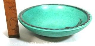 Gustavsberg Argenta Stoneware Pottery Bowl Designed by Wilhelm Kage with Silver Fish on Jade Green Base. Measures approximately 7" in Diameter.