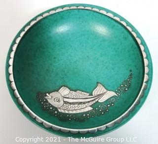 Gustavsberg Argenta Stoneware Pottery Bowl Designed by Wilhelm Kage with Silver Fish on Jade Green Base. Measures approximately 7" in Diameter.