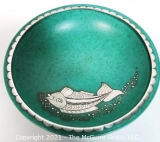 Gustavsberg Argenta Stoneware Pottery Bowl Designed by Wilhelm Kage with Silver Fish on Jade Green Base. Measures approximately 7" in Diameter.