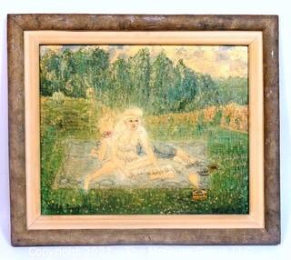 Framed Signed Original Oil on Canvas by Philip Evergood entitled "Tin Box and Daisies" or "Teen Age Prayer".  In primitive wood frame custom made by artist for this work  Measures approximately   23" x 26".  Framed made by 