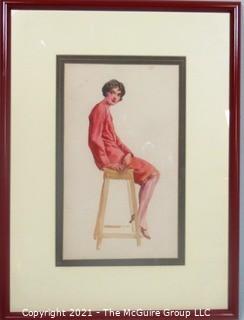 Framed Watercolor Lithograph of Woman On Stool by C. Coles Phillips.  Measures approximately 20" x 15".