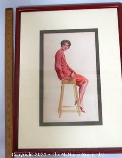 Framed Watercolor Lithograph of Woman On Stool by C. Coles Phillips.  Measures approximately 20" x 15".