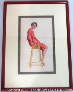 Framed Watercolor Lithograph of Woman On Stool by C. Coles Phillips.  Measures approximately 20" x 15".