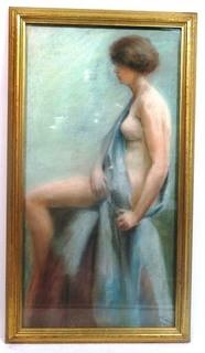 Framed Original Watercolor or Oil Pastel of Woman in Repose by T. B. Stephenson, 1925.  Measures approximately 29" x 16".  