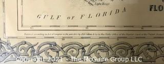 1855 Map of Florida, Framed Under Glass, Printed by J.H. Colton, Mapmaker.   Measures approximately 16 x 19" inside dimensions.