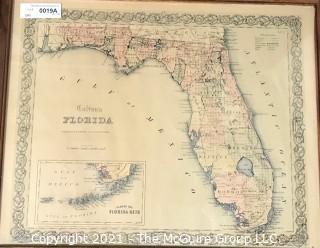 1855 Map of Florida, Framed Under Glass, Printed by J.H. Colton, Mapmaker.   Measures approximately 16 x 19" inside dimensions.