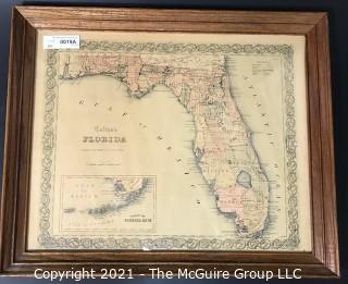 1855 Map of Florida, Framed Under Glass, Printed by J.H. Colton, Mapmaker.   Measures approximately 16 x 19" inside dimensions.