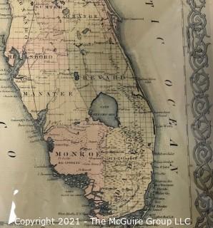 1855 Map of Florida, Framed Under Glass, Printed by J.H. Colton, Mapmaker.   Measures approximately 16 x 19" inside dimensions.