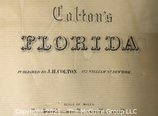 1855 Map of Florida, Framed Under Glass, Printed by J.H. Colton, Mapmaker.   Measures approximately 16 x 19" inside dimensions.