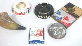 Mixed Collection of Items Including Ashtrays, Cow Horn, Paper Weight and U.S. Military Lather Leaves Shaving Soap.  