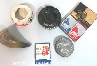 Mixed Collection of Items Including Ashtrays, Cow Horn, Paper Weight and U.S. Military Lather Leaves Shaving Soap.  