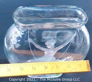 Etched Heavy Crystal Bowl with Ornate Design of Woman on Swing. 