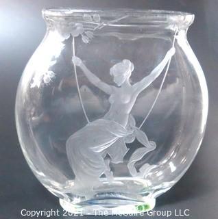 Etched Heavy Crystal Bowl with Ornate Design of Woman on Swing. 