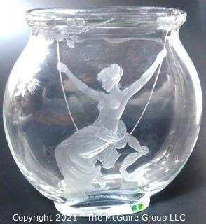 Etched Heavy Crystal Bowl with Ornate Design of Woman on Swing. 