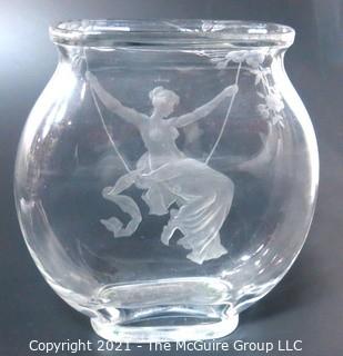 Etched Heavy Crystal Bowl with Ornate Design of Woman on Swing. 