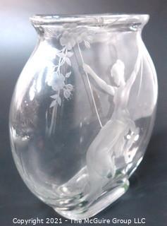 Etched Heavy Crystal Bowl with Ornate Design of Woman on Swing. 