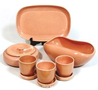 (9) Piece Set of Russel Wright Steubenville Mid Century Modern (MCM) Dishware Serving Pieces in Coral Pink.