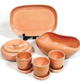 (9) Piece Set of Russel Wright Steubenville Mid Century Modern (MCM) Dishware Serving Pieces in Coral Pink.