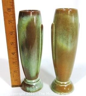 (2) Vintage Art Deco Pottery Vases Signed Frankoma in Prairie Green. 