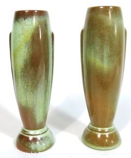 (2) Vintage Art Deco Pottery Vases Signed Frankoma in Prairie Green. 