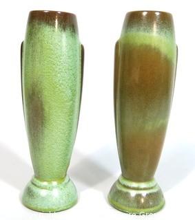 (2) Vintage Art Deco Pottery Vases Signed Frankoma in Prairie Green. 