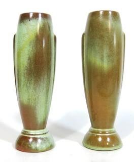 (2) Vintage Art Deco Pottery Vases Signed Frankoma in Prairie Green. 