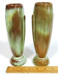 (2) Vintage Art Deco Pottery Vases Signed Frankoma in Prairie Green. 