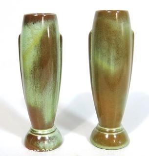 (2) Vintage Art Deco Pottery Vases Signed Frankoma in Prairie Green. 