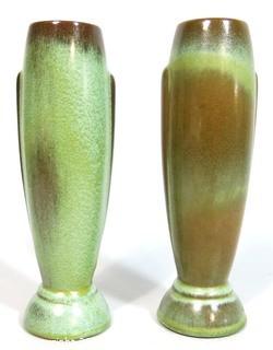 (2) Vintage Art Deco Pottery Vases Signed Frankoma in Prairie Green. 