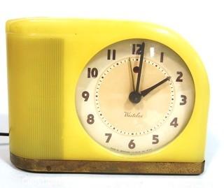 Vintage Art Deco Westclox Yellow Moon Beam Electric Alarm Clock; in Bakelite Case. 