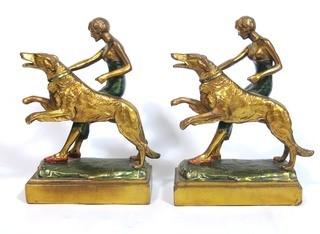 Pair of Art Deco Pompeian Bronze Enamel Wash Woman with Russian Wolfhound Dog Figural Bookends.