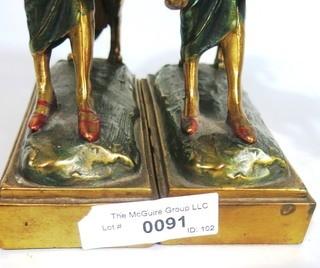 Pair of Art Deco Pompeian Bronze Enamel Wash Woman with Russian Wolfhound Dog Figural Bookends.