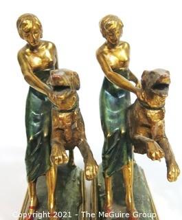 Pair of Art Deco Pompeian Bronze Enamel Wash Woman with Russian Wolfhound Dog Figural Bookends.