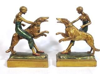 Pair of Art Deco Pompeian Bronze Enamel Wash Woman with Russian Wolfhound Dog Figural Bookends.