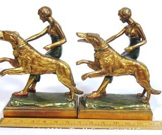 Pair of Art Deco Pompeian Bronze Enamel Wash Woman with Russian Wolfhound Dog Figural Bookends.