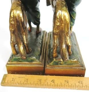 Pair of Art Deco Pompeian Bronze Enamel Wash Woman with Russian Wolfhound Dog Figural Bookends.