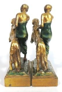 Pair of Art Deco Pompeian Bronze Enamel Wash Woman with Russian Wolfhound Dog Figural Bookends.