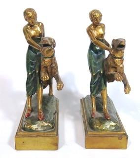 Pair of Art Deco Pompeian Bronze Enamel Wash Woman with Russian Wolfhound Dog Figural Bookends.